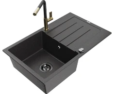 Granitinė virtuvinė plautuvė Mexen Bruno su maišytuvu ir sifonu, Juodas granite+Juodas/Gold