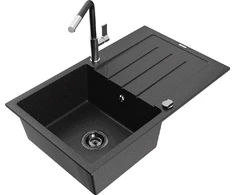 Granitinė virtuvinė plautuvė Mexen Bruno su maišytuvu ir sifonu, Metallic juodas/sidabrinis+Juodas/Chrome