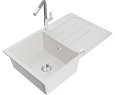 Granitinė virtuvinė plautuvė Mexen Bruno su maišytuvu ir sifonu, Baltas+Pilkas/Chrome