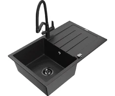 Granitinė virtuvinė plautuvė Mexen Bruno su maišytuvu ir sifonu, Metallic juodas/sidabrinis+Juodas