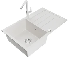 Granitinė virtuvinė plautuvė Mexen Bruno su maišytuvu ir sifonu, Baltas+Baltas/Chrome