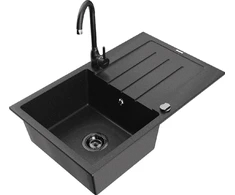 Granitinė virtuvinė plautuvė Mexen Bruno su maišytuvu ir sifonu, Metallic juodas/sidabrinis+Juodas