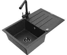 Granitinė virtuvinė plautuvė Mexen Bruno su maišytuvu ir sifonu, Juodas granite+Juodas