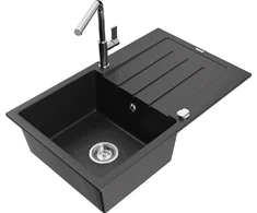 Granitinė virtuvinė plautuvė Mexen Bruno su maišytuvu ir sifonu, Metallic juodas/sidabrinis+Chrome