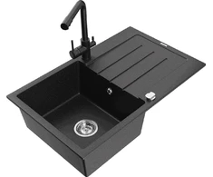 Granitinė virtuvinė plautuvė Mexen Bruno su maišytuvu ir sifonu, Metallic juodas/sliver+Juodas