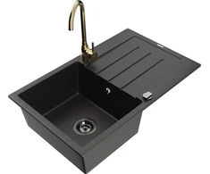 Granitinė virtuvinė plautuvė Mexen Bruno su maišytuvu ir sifonu, Metallic juodas/auksinis+Gold