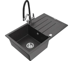 Granitinė virtuvinė plautuvė Mexen Bruno su maišytuvu ir sifonu, Juodas granite+Juodas/Chrome