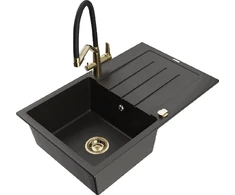 Granitinė virtuvinė plautuvė Mexen Bruno su maišytuvu ir sifonu, Metallic juodas/auksinis+Juodas/Gold