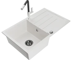 Granitinė virtuvinė plautuvė Mexen Bruno su maišytuvu ir sifonu, Baltas+Juodas/Chrome