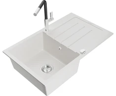 Granitinė virtuvinė plautuvė Mexen Bruno su maišytuvu ir sifonu, Baltas+Juodas/Chrome