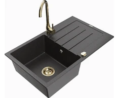 Granitinė virtuvinė plautuvė Mexen Bruno su maišytuvu ir sifonu, Juodas granite+Gold