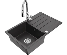 Granitinė virtuvinė plautuvė Mexen Bruno su maišytuvu ir sifonu, Juodas granite+Chrome