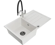 Granitinė virtuvinė plautuvė Mexen Bruno su maišytuvu ir sifonu, Baltas+Juodas/Chrome
