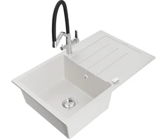 Granitinė virtuvinė plautuvė Mexen Bruno su maišytuvu ir sifonu, Baltas+Juodas/Chrome