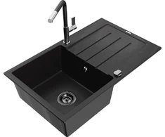 Granitinė virtuvinė plautuvė Mexen Bruno su maišytuvu ir sifonu, Juodas+Juodas/Chrome