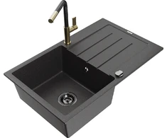 Granitinė virtuvinė plautuvė Mexen Bruno su maišytuvu ir sifonu, Juodas granite+Juodas granite/Gold