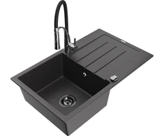 Granitinė virtuvinė plautuvė Mexen Bruno su maišytuvu ir sifonu, Juodas granite+Juodas/Chrome