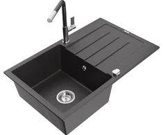 Granitinė virtuvinė plautuvė Mexen Bruno su maišytuvu ir sifonu, Juodas granite+Juodas granite/Chrome