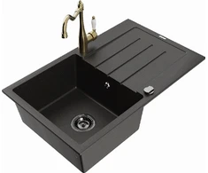 Granitinė virtuvinė plautuvė Mexen Bruno su maišytuvu ir sifonu, Metallic juodas/auksinis+Gold