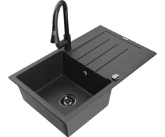 Granitinė virtuvinė plautuvė Mexen Bruno su maišytuvu ir sifonu, Juodas granite+Juodas