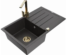 Granitinė virtuvinė plautuvė Mexen Bruno su maišytuvu ir sifonu, Juodas granite+Gold