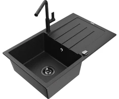 Granitinė virtuvinė plautuvė Mexen Bruno su maišytuvu ir sifonu, Metallic juodas/sidabrinis+Juodas