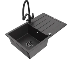 Granitinė virtuvinė plautuvė Mexen Bruno su maišytuvu ir sifonu, Juodas granite+Juodas