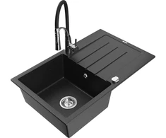 Granitinė virtuvinė plautuvė Mexen Bruno su maišytuvu ir sifonu, Metallic juodas/sidabrinis+Juodas/Chrome
