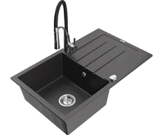 Granitinė virtuvinė plautuvė Mexen Bruno su maišytuvu ir sifonu, Juodas granite+Juodas/Chrome