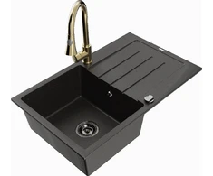 Granitinė virtuvinė plautuvė Mexen Bruno su maišytuvu ir sifonu, Metallic juodas/auksinis+Gold