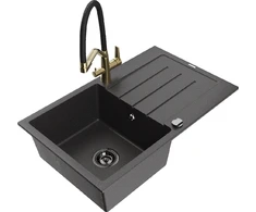 Granitinė virtuvinė plautuvė Mexen Bruno su maišytuvu ir sifonu, Juodas granite+Juodas/Gold
