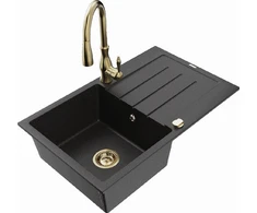 Granitinė virtuvinė plautuvė Mexen Bruno su maišytuvu ir sifonu, Metallic juodas/sidabrinis+Gold