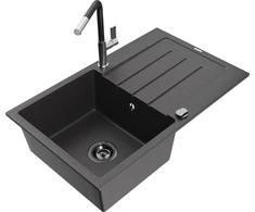 Granitinė virtuvinė plautuvė Mexen Bruno su maišytuvu ir sifonu, Juodas granite+Juodas/Chrome