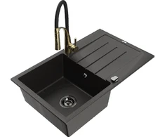 Granitinė virtuvinė plautuvė Mexen Bruno su maišytuvu ir sifonu, Metallic juodas/auksinis+Juodas/Gold