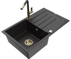 Granitinė virtuvinė plautuvė Mexen Bruno su maišytuvu ir sifonu, Metallic juodas/sidabrinis+Juodas/Gold