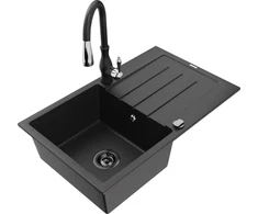 Granitinė virtuvinė plautuvė Mexen Bruno su maišytuvu ir sifonu, Metallic juodas/sidabrinis+Juodas