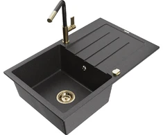 Granitinė virtuvinė plautuvė Mexen Bruno su maišytuvu ir sifonu, Juodas granite+Juodas granite/Gold
