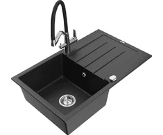 Granitinė virtuvinė plautuvė Mexen Bruno su maišytuvu ir sifonu, Metallic juodas/sidabrinis+Juodas/Chrome