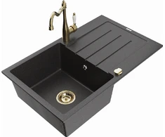 Granitinė virtuvinė plautuvė Mexen Bruno su maišytuvu ir sifonu, Juodas granite+Gold