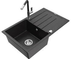 Granitinė virtuvinė plautuvė Mexen Bruno su maišytuvu ir sifonu, Metallic juodas/sidabrinis+Juodas/Chrome