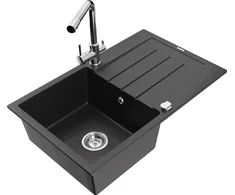 Granitinė virtuvinė plautuvė Mexen Bruno su maišytuvu ir sifonu, Metallic juodas/sliver+Chrome
