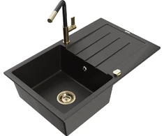 Granitinė virtuvinė plautuvė Mexen Bruno su maišytuvu ir sifonu, Metallic juodas/auksinis+Juodas/Gold