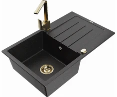 Granitinė virtuvinė plautuvė Mexen Bruno su maišytuvu ir sifonu, Metallic juodas/sidabrinis+Gold