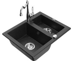 Granitinė virtuvinė plautuvė Mexen Carlos su maišytuvu ir sifonu, Metallic juodas/sidabrinis+Chrome