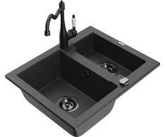 Granitinė virtuvinė plautuvė Mexen Carlos su maišytuvu ir sifonu, Juodas granite+Juodas