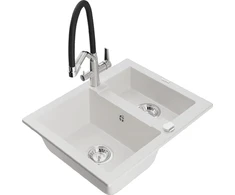 Granitinė virtuvinė plautuvė Mexen Carlos su maišytuvu ir sifonu, Baltas+Juodas/Chrome