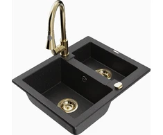 Granitinė virtuvinė plautuvė Mexen Carlos su maišytuvu ir sifonu, Metallic juodas/sidabrinis+Gold