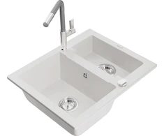 Granitinė virtuvinė plautuvė Mexen Carlos su maišytuvu ir sifonu, Baltas+Pilkas/Chrome