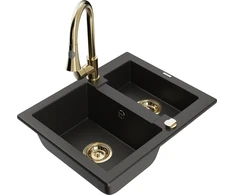 Granitinė virtuvinė plautuvė Mexen Carlos su maišytuvu ir sifonu, Metallic juodas/auksinis+Gold