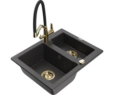 Granitinė virtuvinė plautuvė Mexen Carlos su maišytuvu ir sifonu, Juodas granite+Juodas/Gold